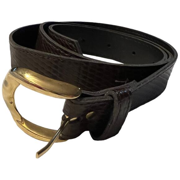 Vintage Brown Reptile Embossed Leather Belt Gold Buckle Size 14 Adjustable Waist - Picture 8 of 11